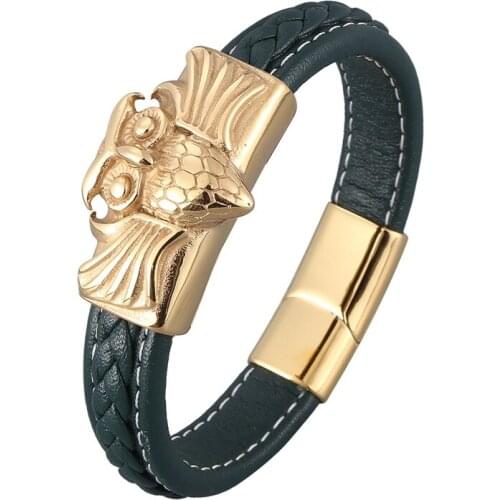 Wholesale Price Green Leather Bracelet Men Owl Shape Gold Stainless Steel Jewelry Male Bangle Handmade Gift for Cool Boys PD0921