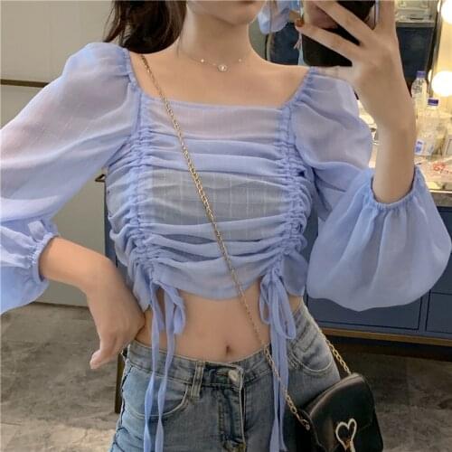 2019 Brand New Women Fashion Blouse Square Neck Long Sleeve Sexy Shirt Drawstring Wrinkled Crop Tops Blusa Chemise