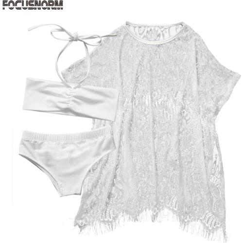 New Casual Kids Girls Lace Summer Beach Casual Sundress Beachwear Bikini Set Swimnsuit Cover up