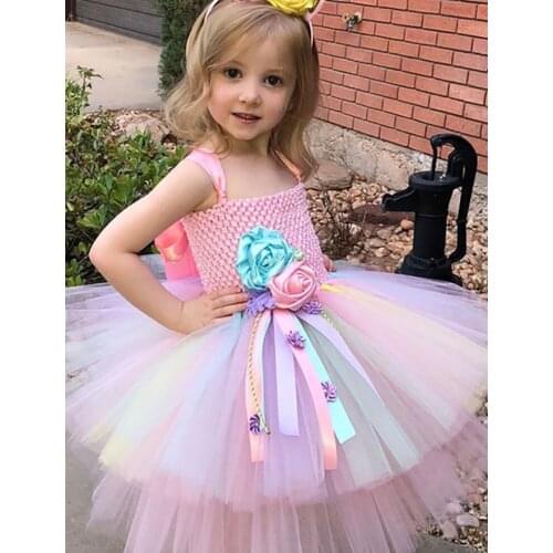 Girls Pastel Unicorn Flower Cake Tutu Dress Kids Fluffy Crochet Tulle Dress Ball Gown with Hairbow Children Costume Party Dress