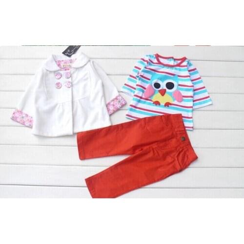 Retail 1 Set 2014 Baby Girls 3pcs Sets Owl Tees + Casual Pants+Trench Coat Children Clothing Set For 6-24M Baby Kid Casual Suits