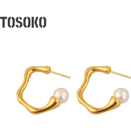 TOSOKO Stainless Steel C-Type Pearl Earrings With Exaggerated Personality Jewelry For Women BSF265