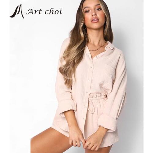 Spring Summer Two Piece Set Tracksuit Casual Outfit Suits Women Cotton Shirt Blouse Tops High Waist Shorts Pants 2 Piece Sets