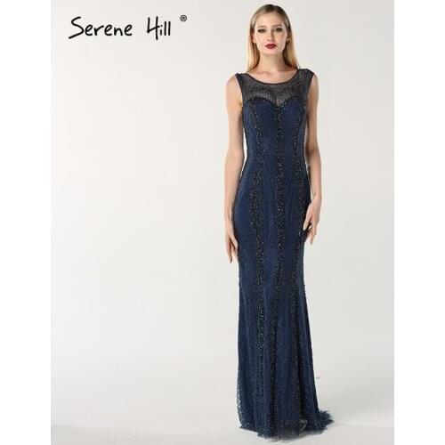 Blue Sleeveless Luxury Dubai Design Evening Dresses Beading Crystal Mermaid Tulle Evening Gowns 2020 Serene Hill LA60820