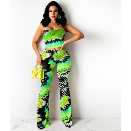 Off The Shoulder Painted Print Slim Fit Crop Top and Flare Bell Bottom Trouser for Women Vintage Hipster Women Two Piece Sets