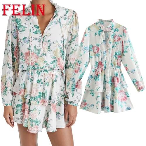 Za 2021 Women Chic Floral Chiffon Ruffles Mini Shirt Dress Long Sleeve V Neck Button Vintage Dress A-Line Elegant Mujer Vestidos