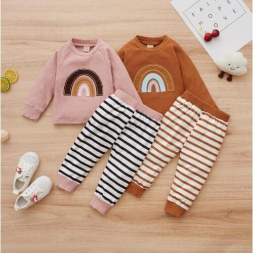 2 Pcs Autumn Spring Girls Casual Outfits Baby Rainbow Pattern Long Sleeve Round Neck Pullover Tops Block Striped Trousers Set