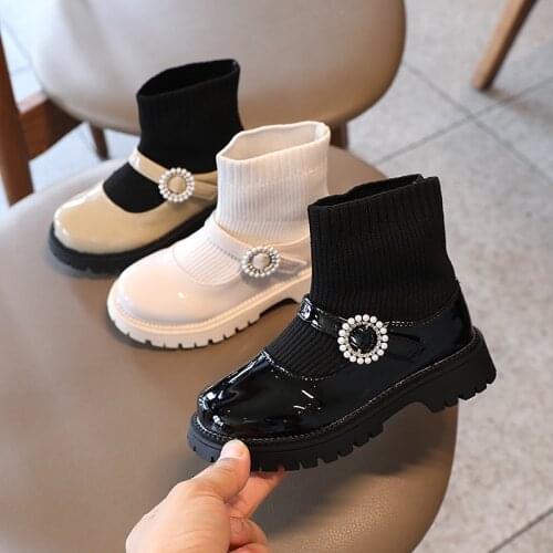 Childrens leather shoes 2021 autumn girls knitting foot socks shoes girls single shoes sweet college shoes sweet warm boots