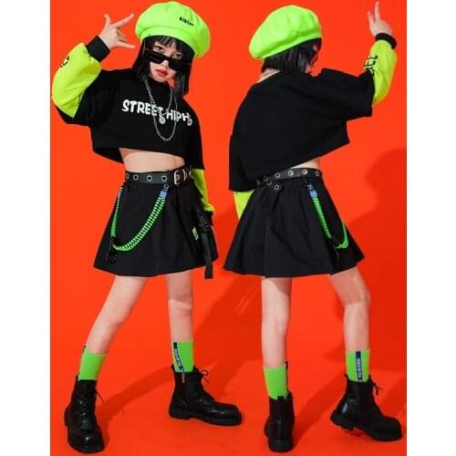 Girls Goth Sweatshirt Mini Skirt Hip Hop Outfit Jazz Crop Top Street Dance Clothes 2 Pcs Sets Teenage Costume Gothic Streetwear