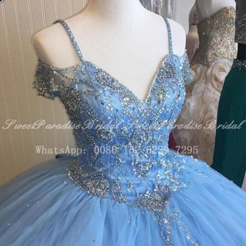 Bling Crystal Beads Quinceanera Dresses Blue Tulle Spaghetti Off Shoulder Long Ball Gown Pageant Dress Vestidos De 15