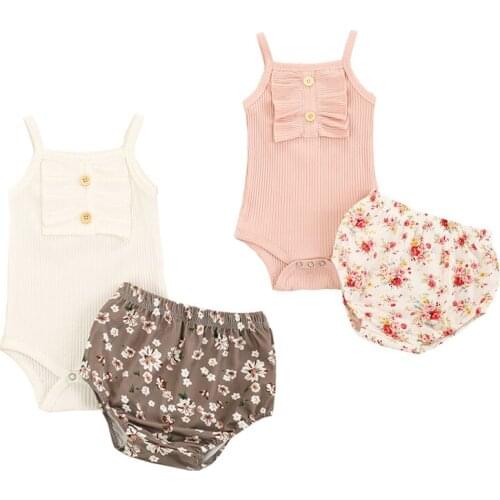 FOCUSNORM Lovely Summer Baby Girls Clothes Sets Sleeveless Button Romper Tops Flowers Shorts 2pcs