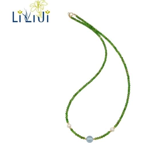 LiiJi Unique Natural Diopside, Blue Topaz 925 Sterling Silver Shining Necklace for Women Jewelry Drop shipping
