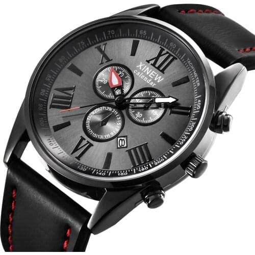Mens Luxury Business Watch Brand XINEW Leather Strap Date Calendar Quartz Wrist Watch Fashion Round Dial Relogio Male Marca Luxo