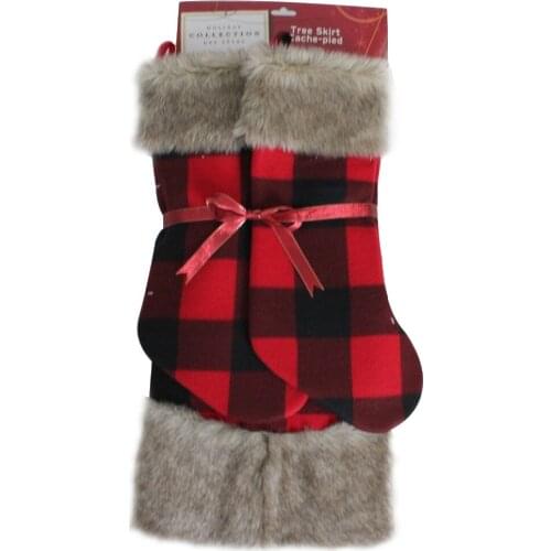 Gift set 1pc EXTRA LARGE 50" Christmas tree skirt 2pcs Christmas Stocking 10X19" Buffalo Check With Faux Fur Decoration