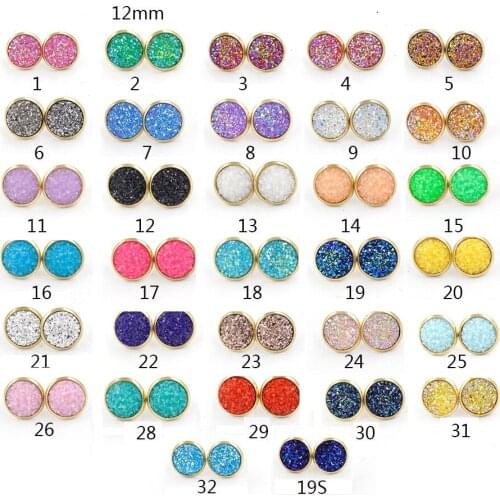 Multi Color Round 12mm Resin Druzy Drusy Stud Earrings Gold Color Bright Stud Earrings