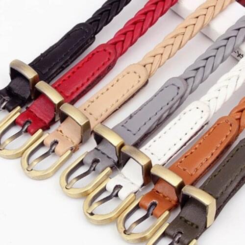 Slender Waist Hand-Woven Belts For Women Fashion Dress Jeans Metal Stylish Decoration Pin Buckle PU Leather Solid Ladies Belt