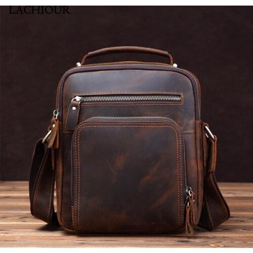 Vintage Crazy Horse Handbag Men Genuine Leather Messenger Bag Easy Carry Male Cowhide Shoulder Bag for Phone
