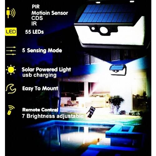 55 LED 900lm Solar Light remote control radar smart 3 side lighting Security Motio IP camp street wall lamp yard c