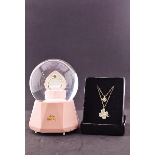 Luminous Musical Snow Globe with Single Stone Ring and Zircon Stone Clover Necklace
