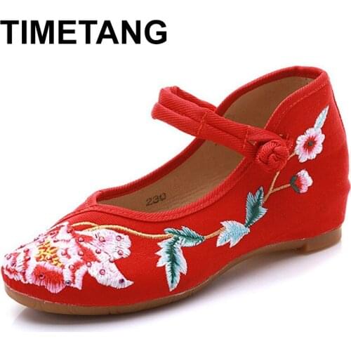 TIMETANG New Women Flats Chinese Old BeiJing Floral Canvas Shoes Embroidered Cloth Womens Singles Dacen Ballets Walking Shoes