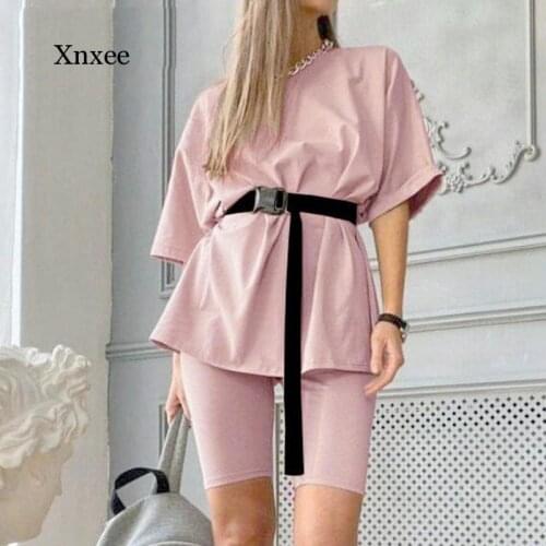 Casual solid new womens two piece with belt 2020 Summer Fashion Casual Home Solid Color Loose T-shirt Shorts Female Playsuits