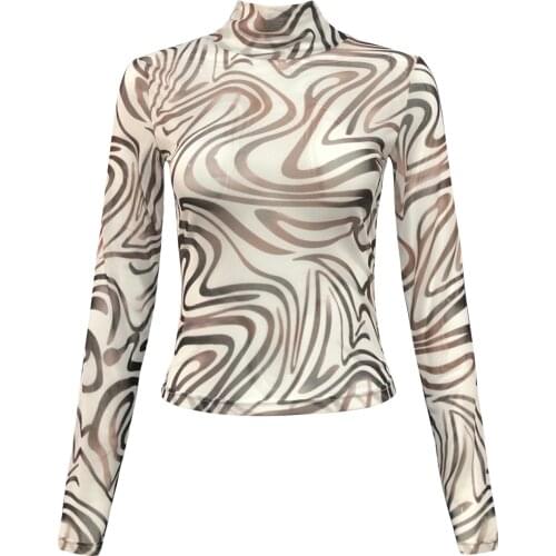 Women See-through Mesh T-shirt, Adults Slim-fit Printed Long Sleeve Stand Collar Pullover