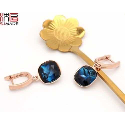 SJMADE Korean Fashion Elegant Square Imitation Tourmaline Dangle Earrings 585 Rose Gold Trendy Eardrop For Women Wedding Jewelry