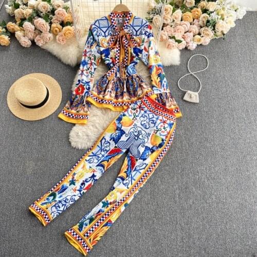 FABPOP 2021 Runway Fashion Elegant Vintage Print Pant Suit Ruffle Blouse Shirt Top Long Pants Two Piece Set Women GC098