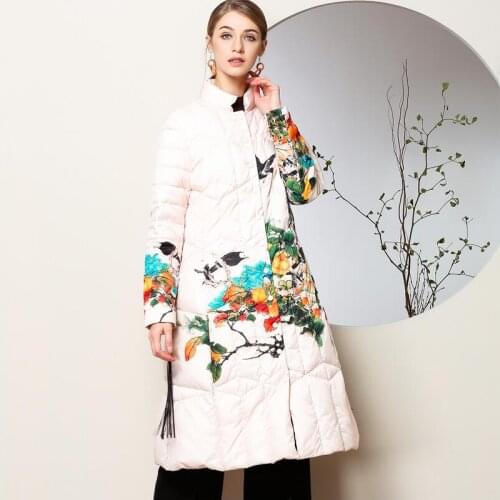 Cotton Made winter Chinese style female knee Length Trench Coat folk style cotton padded Warm jacket Traditional stamp tide Wear