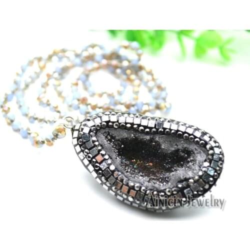 1pc Rhinestone Clay Paved Natural Druzy Geode Crystal Pendant 24'' Faceted Glass Beads Chain Necklace For Men and Women Jewelry