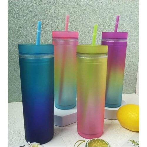 500ML Gradient Rainbow Color Water Bottle With Straws Lid Plastic Reusable Personalized Drinkware Coffee Drinking Cup Outdoor