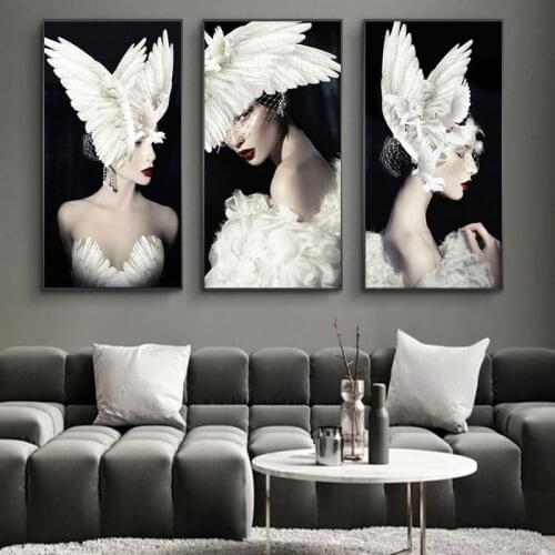 Abstract Wall Art Poster Beautiful Girl Head with Wing Feather Canvas Painting Nordic Modern Picture Aisle Living Room Decor