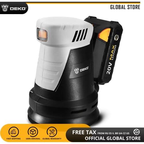 DEKO DKSD20Q2 20V Lithium-Ion Battery Cordless Random Orbit Sander with 15pcs Sandpaper and Hybrid Dust Canister Electric Sander