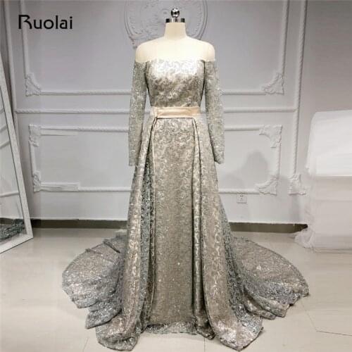 Shiny Off the Shoulder Evening Dress Long Sleeve Silver Glitter Lace Prom Dress 2019 A-Line Formal Evening Party Dress SN29