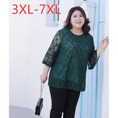 New 2021 summer plus size tops for women large blouse short sleeve loose casual lace green O neck shirt red 3XL 4XL 5XL 6XL 7XL