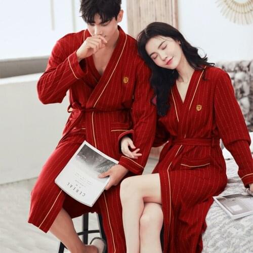 Couples Red for Women Womens Robes Spring and Autumn New Style Pure Cotton Long Sleeve Men and Women Mid-length Sexy Bathrobe