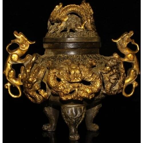 Chinese Rare Old Copper Handmade Gilded Dragon Incense Burner Xuande Year