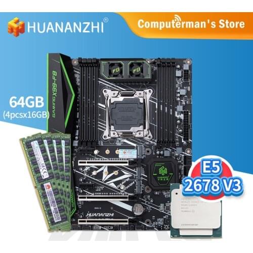 HUANANZHI X99 F8 X99 Motherboard combo kit set CPU Intel XEON E5 2678 V3 Memory 4*16G DDR4 ECC 2133 Memory M.2 NVME USB3.0 ATX