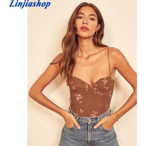 Summer women camis short sexy casual sleeveless floral print brown tank top slim adjustable slim top spaghetti straps
