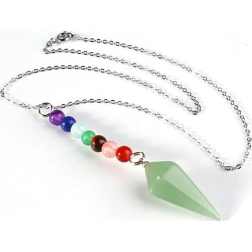 Trendy-beads Silver Plated Green Aventurine Hexagon Pyramid 7 Round Beads Chakra Pendant Necklace Link Chain Jewelry
