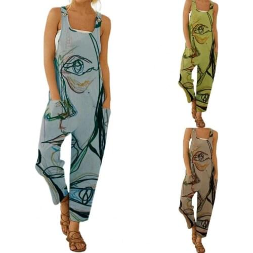 Fashion Ladies Jumpsuit Abstract Face Print Loose Soft Playsuit Women Long length Sleeveless Casual Romper for Daily Life