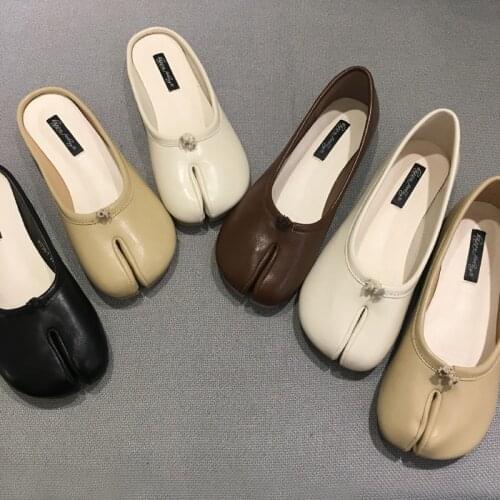 Flats tabi ninja moccasins round split toe shallow women single shoes lazy slip on slingback mules slides leather casual loafers