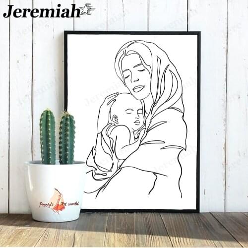 Simple Line Canvas Painting Black and White Mother Baby Abstract Poster Picture Wall Art Painting Nordic Aesthetics Room Decor