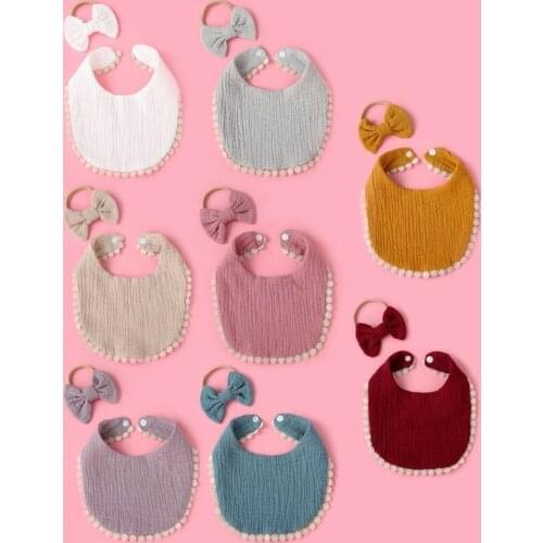 2 Pcs Baby Girls Elastic Bow Headband Saliva Towel Set Princess Bowknot Hair Band Bib Kit Soft Cotton Solid Color Feeding Burp