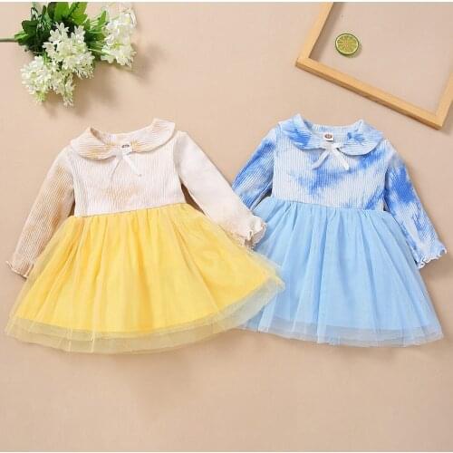 Girls dress 2021 spring and autumn fashion female baby cute princess wind long sleeve pit strip stitching mesh dress