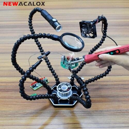 NEWACALOX Soldering Iron Holder Third Hand Tool with 6pc Flexible Arms USB DC Brushless Fan Flashlight Magnifier Welding Station