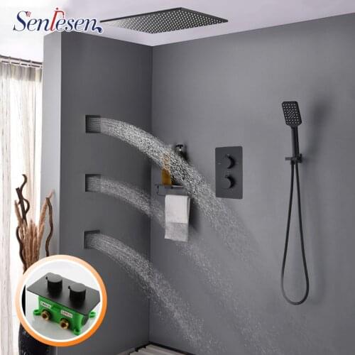 Senlesen Black Brass Shower Faucet W/ Massgae Jets Thermostatic Valve Luxury Shower Head Ceiling Mount Para Bathroom Shower