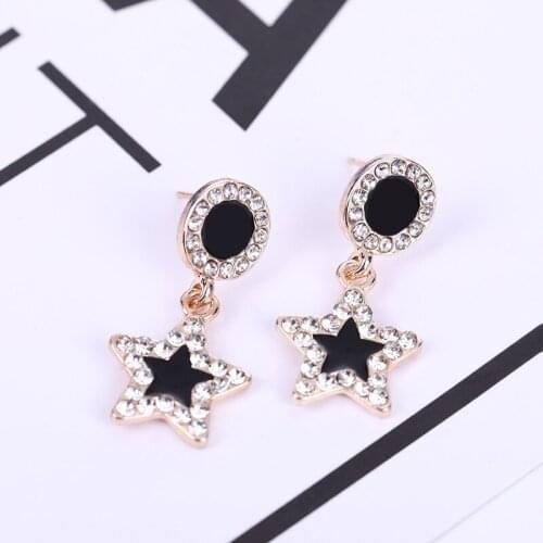 Black Oil Drop Five-pointed Star Earrings Female Korean Temperament Long Rhinestone Simple Earrings Net Red Earrings Female