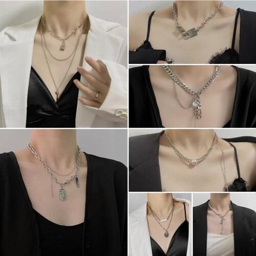 SOHOT New Punk Hip Hop Butterfly Heart Zircon Pearl Moon Star Lock Key Multilayer Pendant Necklace Female Jewelry Drop Shipping