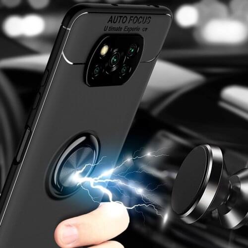 KEYSION Shockproof Case For Xiaomi POCO X3 NFC Soft Silicone Magnetic Metal Ring Stand Phone back cover for Pocophone X3 NFC